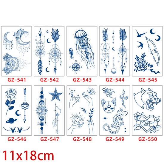 Gothic Flower Moon Cat Body Temporary Tattoo Stickers Set