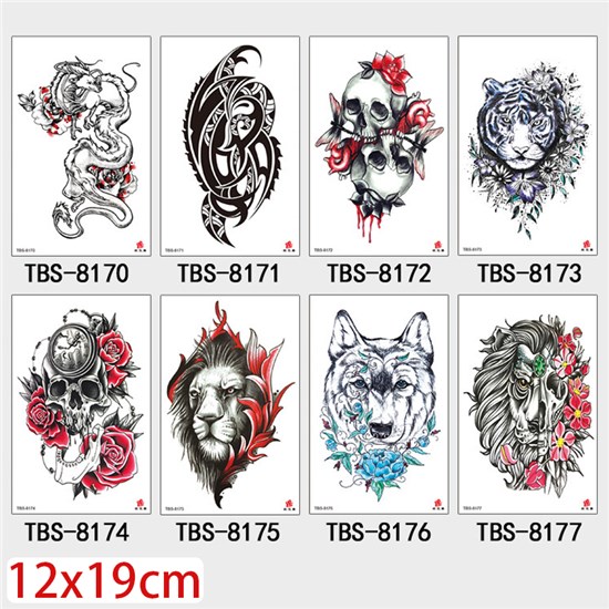 Gothic Flower Skull Lion Tiger Half Arm Sleeve Temporary Tattoo Stickers Set