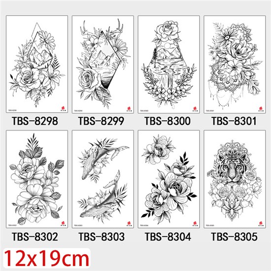 Gothic Tiger Flower Half Arm Sleeve Temporary Tattoo Stickers Set