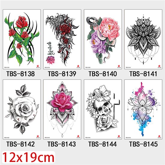 Gothic Flower Skull Snake Half Arm Sleeve Temporary Tattoo Stickers Set