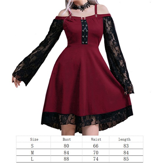 Gothic Black Lace Long Sleeve Red Dress Punk Cosplay Costume