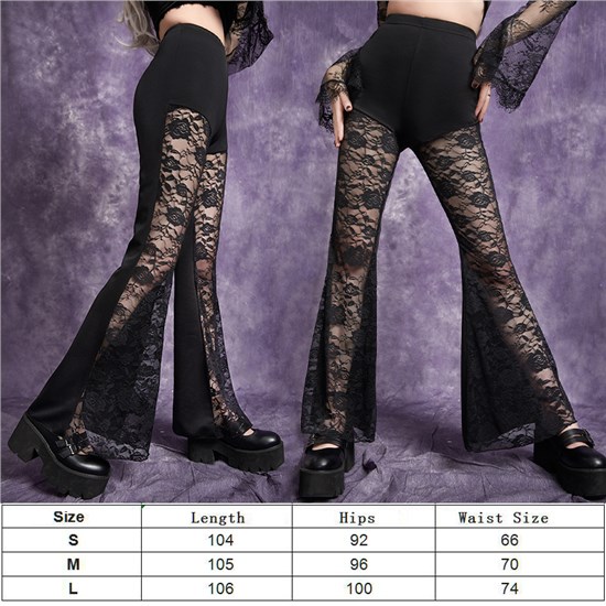 Gothic Women's Floral Sheer Lace Stretchy High Waist Casual Flare Bell Bottom Long Pants