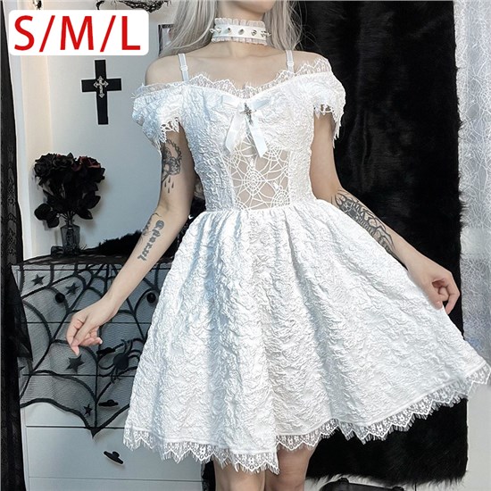 Gothic White Lace Short Sleeve Dress Punk Cosplay Costume