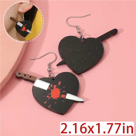 Gothic Acrylic Red Bloody Knife Love Heart Earrings