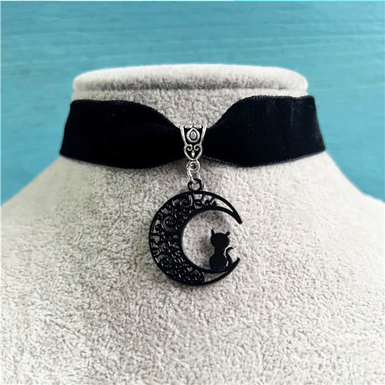 Gothic Black Cat Moon Choker Necklace Black Steampunk Victorian Velvet Choker