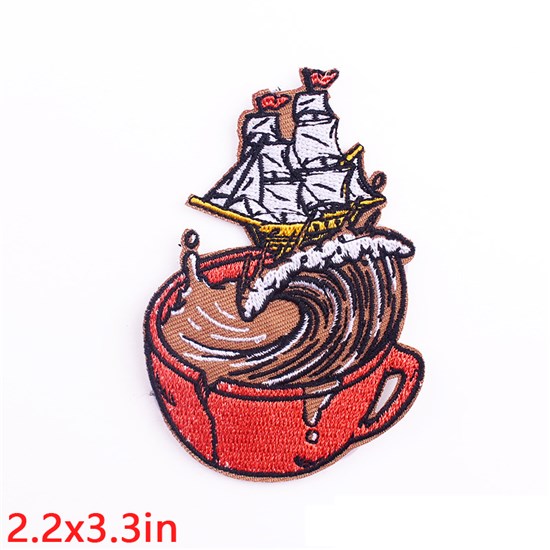 Gothic Ship Coffee Cup Embroidered Badge Patch