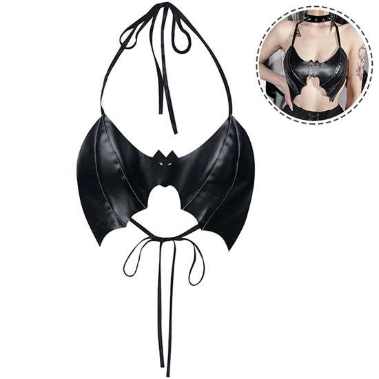 Women's Gothic Bat Black PU Sleeveless Crop Tops Punk Tanks Sexy Tees Vest