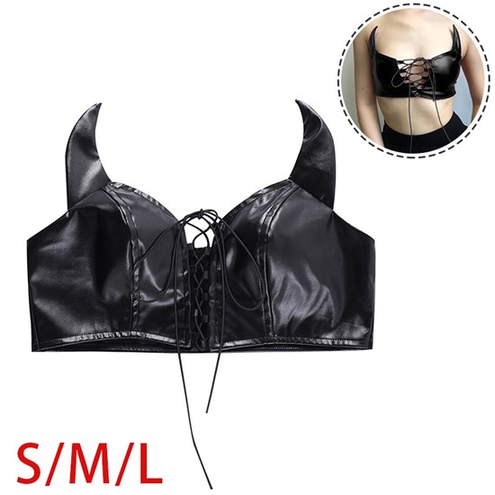 Women's Gothic Devil Black PU Sleeveless Crop Tops Punk Tanks Sexy Tees Vest