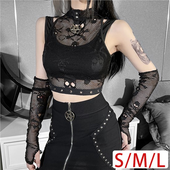 Women's Gothic Skull Mesh Crop Tops Punk Tanks Sexy Tees With Two Sleeves