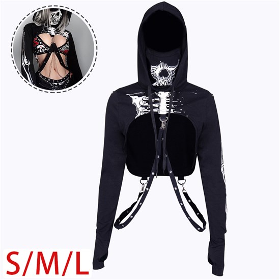 Women's Gothic Skull Black Hoodie Crop Tops Punk Tanks Sexy Pullover Sweatshirt