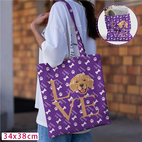 Love Golden Retriever Purple Canvas Shoulder Bag Shopping Bag
