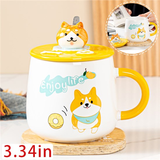 Funny Coffee Mug, Cute Ceramic Corgi Dog Mugs, Lovely Animal Tea Cups with Lid and Spoon