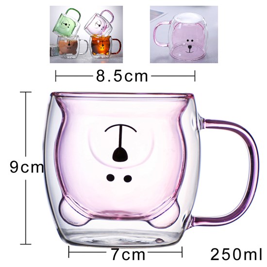 Cute Bear Pink Tea Coffee Cup Milk Couple Double Wall Glass Mug