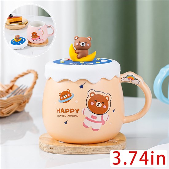 Funny Coffee Mug, Cute Ceramic Bear Mugs, Lovely Animal Tea Cups with Lid and Spoon