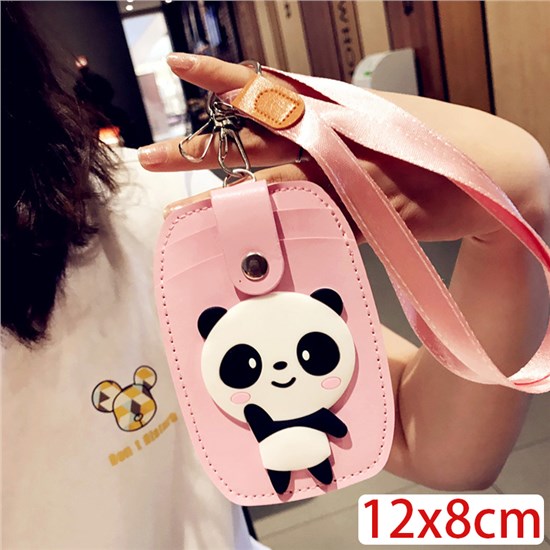 Pink Lanyard ID Badge Holder Case PU Leather Credit Card Wallet Panda Keychain Wristlet Key Ring