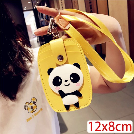 Yellow Lanyard ID Badge Holder Case PU Leather Credit Card Wallet Panda Keychain Wristlet Key Ring