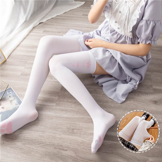 Womens Cat Paw White Long Boot Stockings Over Knee Thigh Sock