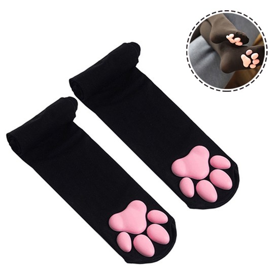 Womens Black Thigh High Socks Cosplay 3D Cat Paw Pad Silicone Kitten Over The Knee Silk Stockings