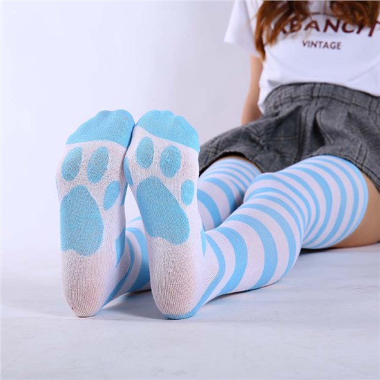 Womens Cat Paw Stripe Long Boot Stockings Over Knee Thigh Sock