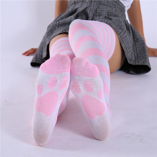 Womens Cat Paw Stripe Long Boot Stockings Over Knee Thigh Sock