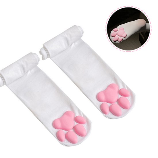 Womens White Thigh High Socks Cosplay 3D Cat Paw Pad Silicone Kitten Over The Knee Silk Stockings