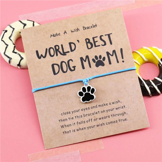 Cat Dog Paw Blue Adjustable Wrap Strand Rope Bracelet With Wish Card 