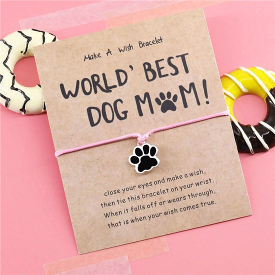 Cat Dog Paw Pink Adjustable Wrap Strand Rope Bracelet With Wish Card 
