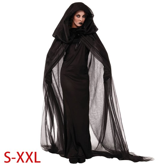 Halloween Witch Black Hooded Cape Cosplay Costume