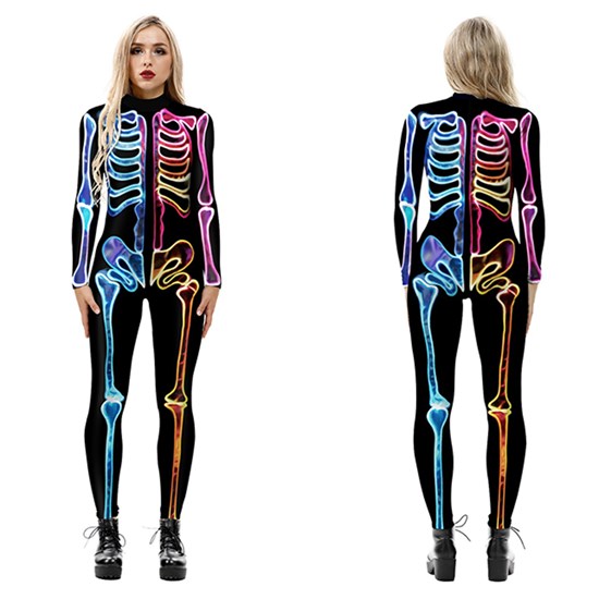 Halloween Gothic Skeleton Women Party Costume Print Long Sleeve Jumpsuit Outfit
