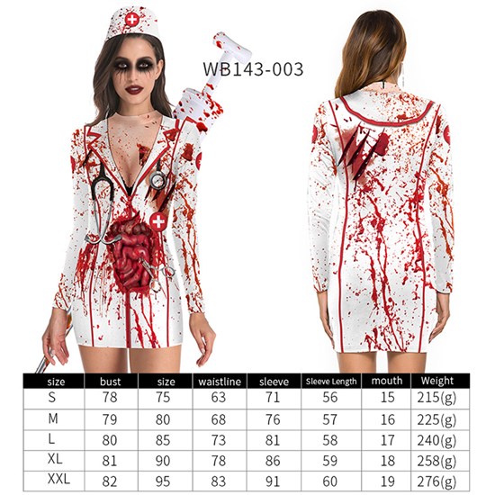 Women's Halloween Costume Terror Nurse Dress Long Sleeves Stretchy Short Mini Dress
