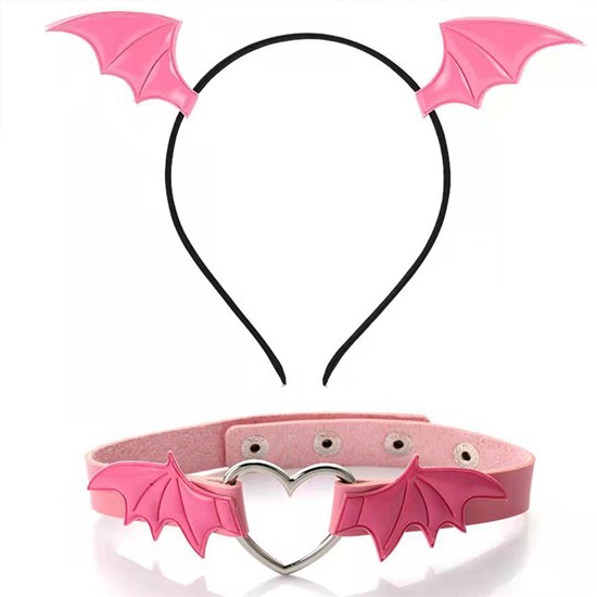 Pink Bat Devil Horn Headband Hair Hoop Necklace Choker Set Halloween Cosplay