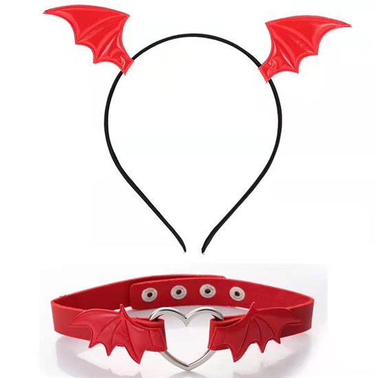 Red Bat Devil Horn Headband Hair Hoop Necklace Choker Set Halloween Cosplay