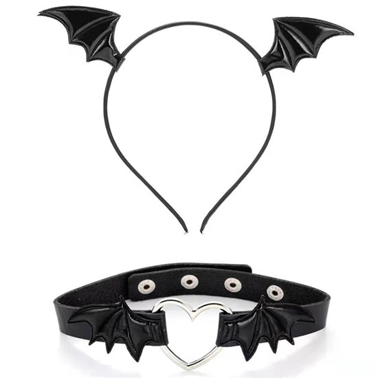 Black Bat Devil Horn Headband Hair Hoop Necklace Choker Set Halloween Cosplay