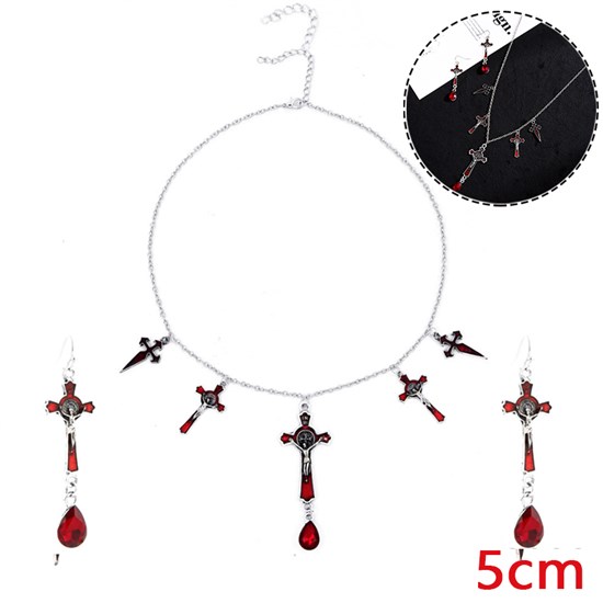 Vintage Gothic Cross Necklace Earrings Halloween Cosplay