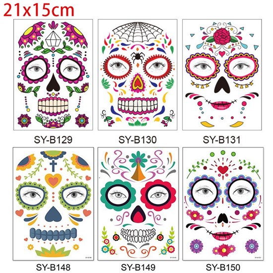 Day of the Dead Face Tattoos Halloween Temporary Tattoos Face Sticker Set