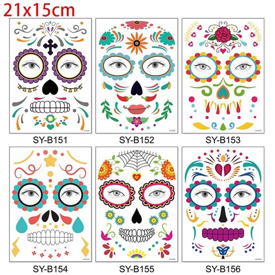 Day of the Dead Face Tattoos Halloween Temporary Tattoos Face Sticker Set