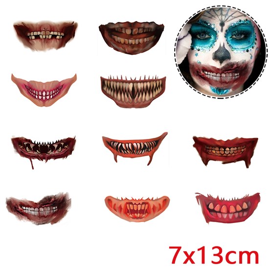 Halloween Horror Mouth Tattoo Stickers Smiling Lip Stickers, Masquerade Prank Makeup Props 