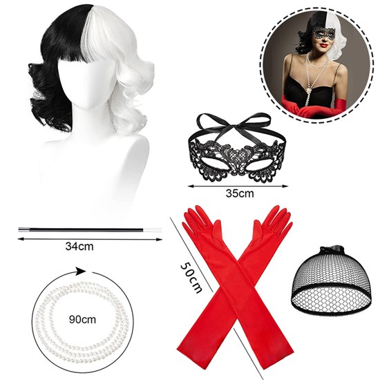 Women Black and White Wigs Mask and Gloves Set Cosplay Halloween Party
