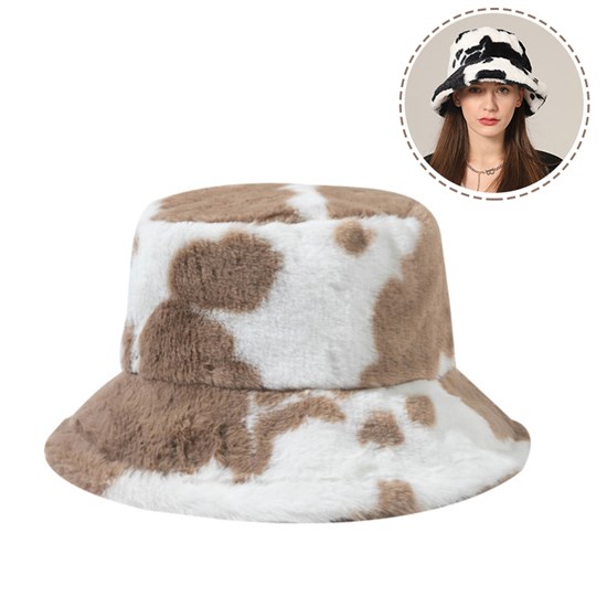 Winter Plush Bucket Hat for Women Cow Print Fuzzy Bucket Caps Casual Warm  Fisherman Hats