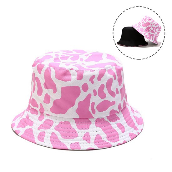 Cute Pink Cow Print Bucket Hat Beach Fisherman Hat Reversible Double-Side-Wear