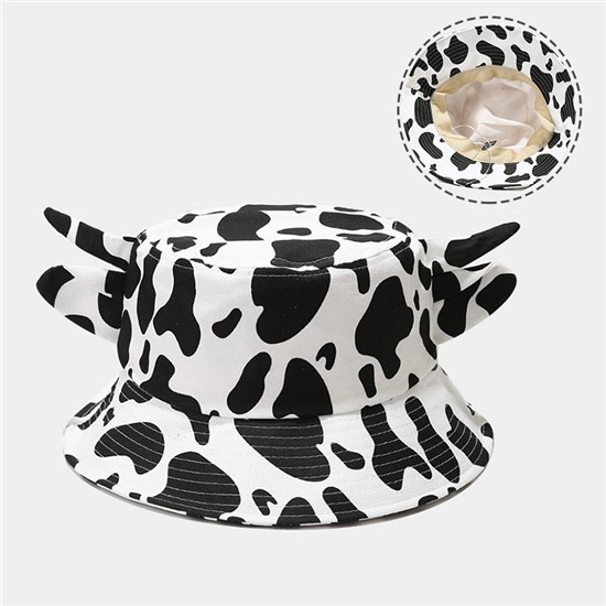 Unisex Cute Cow Horn Ears Cow Print Bucket Hat Fisherman Hat