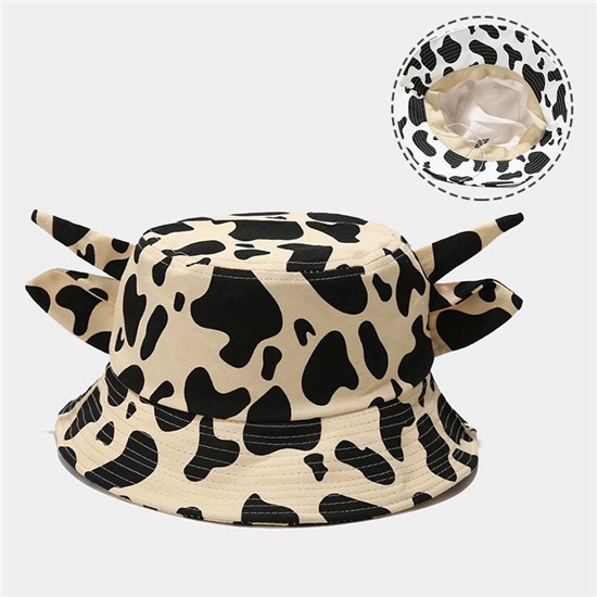 Unisex Cute Cow Horn Ears Cow Print Bucket Hat Fisherman Hat