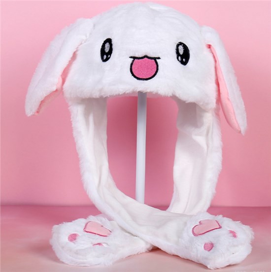 White Rabbit Ear Moving Jumping Hat Funny Plush Hat Unisex Earflaps Movable Ears Hat Cosplay Party Hat