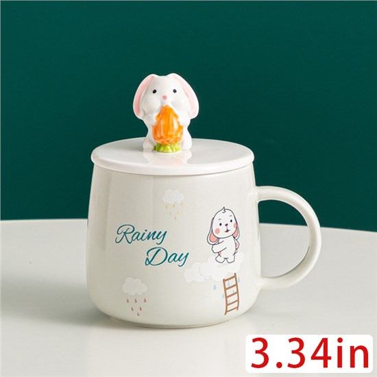 Funny Coffee Mug, Cute Ceramic Rabbit Mugs, Lovely Animal Tea Cups with Lid and Spoon