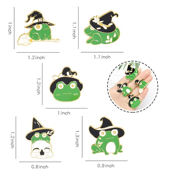 Cute Green Frog Wears Witch Hat Enamel Pins Brooch Badge Set