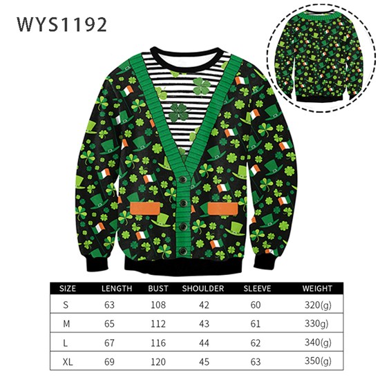 Women Mens St. Patrick's Day Funny Novelty 3D Printing Hoodie