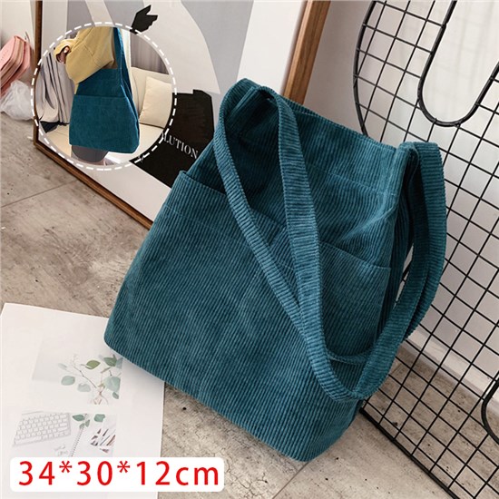 Dark Blue Corduroy Medium Tote Bag With Two Side Pockets, Shoulder Bag, Travel Bag, School Bag