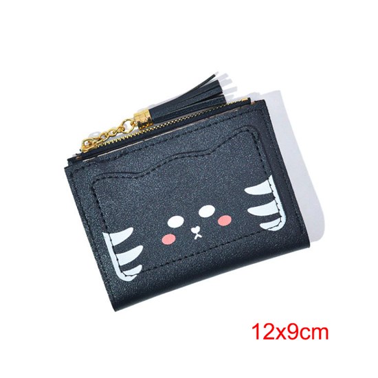 Cute Black Cat Pattern PU Wallet Tassel Zipper Wallet