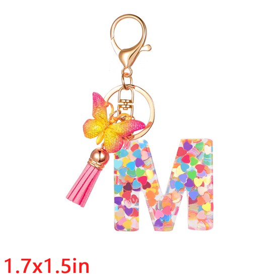 Fashion Resin Alphabet Initial Letter Keychain Key Ring, Butterfly Tassel Charm Keychain