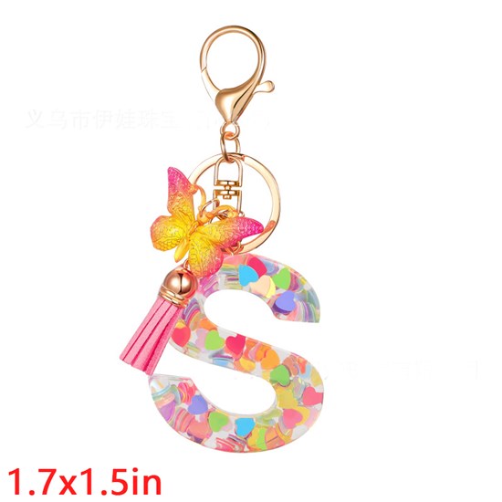 Fashion Resin Alphabet Initial Letter Keychain Key Ring, Butterfly Tassel Charm Keychain